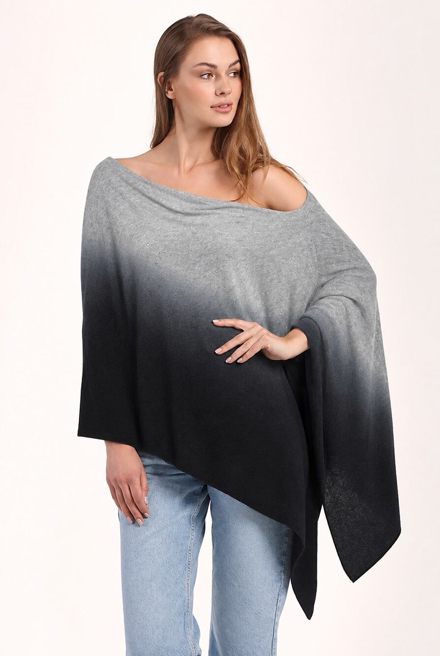 Minnie Rose Womens Ruana Poncho OSFM Gray Blue Cashmere Asymmetric Dip Dye